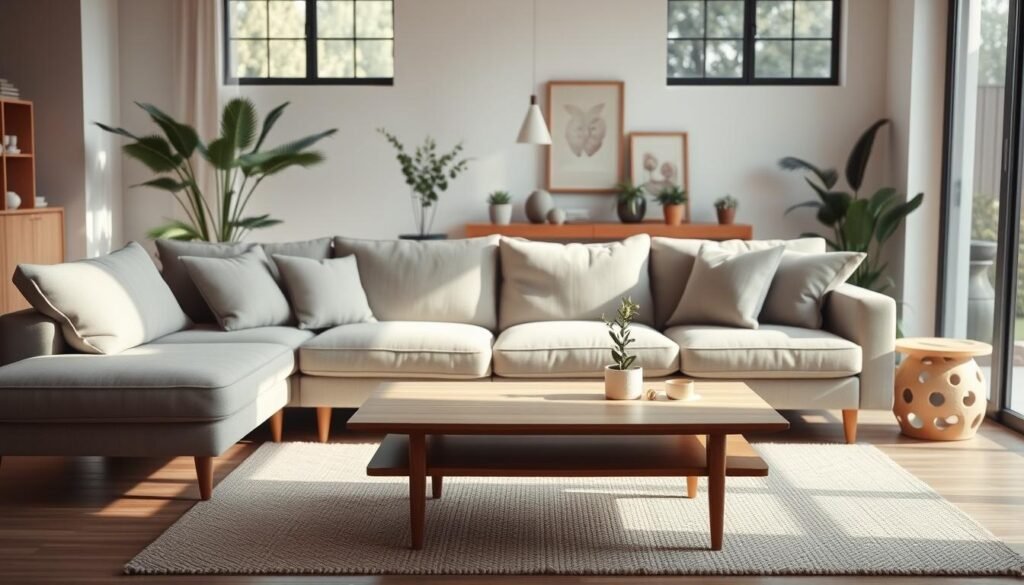 A cozy and functional living room setup featuring a large, comfortable sofa with plush cushions, complemented by a sleek and minimalist coffee table in a warm wood finish. The room is bathed in soft, natural lighting filtering through large windows, creating a serene and inviting atmosphere. In the background, a few potted plants and simple wall decor add a touch of organic elegance to the space. The overall composition emphasizes the use of practical and versatile furniture pieces that maximize the available space, reflecting the "móveis funcionais" theme.