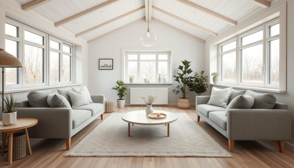 A cozy and inviting Scandinavian-style living room, flooded with natural light from large windows and skylights. The minimalist, light-colored wooden furniture and accents create a serene and calming atmosphere. Soft, textured fabrics in muted tones of gray, white, and beige adorn the plush sofa and armchairs, encouraging relaxation. A simple, geometric-patterned rug grounds the space, complementing the clean lines of the decor. Potted plants and a sleek, circular coffee table add subtle organic elements, while a single, pendant light fixture casts a warm, ambient glow. The overall aesthetic is one of understated elegance, comfort, and harmonious simplicity.