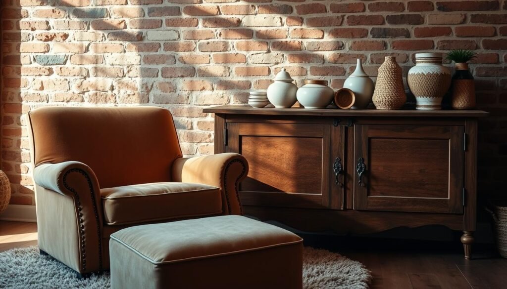 A cozy and inviting interior decor scene showcasing a variety of textures. In the foreground, a plush velvet armchair nestled atop a soft shag rug. In the middle ground, a wooden sideboard with ornate metallic hardware, its surface adorned with a mix of smooth ceramics and woven baskets. The background features exposed brick walls, their uneven surfaces casting intriguing shadows. Warm, natural lighting illuminates the scene, highlighting the interplay of matte, glossy, and textured elements. The overall atmosphere evokes a sense of warmth, comfort, and a tactile, sensory experience of the space.