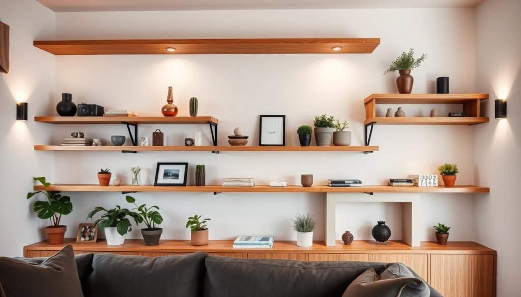 A cozy and inviting living room with a wall of custom-built shelves and recessed niches. The shelves are made of warm, natural wood, complemented by minimalist black metal brackets. Decorative objects, potted plants, and personal mementos are artfully arranged, creating a sense of balance and harmony. Soft, diffused lighting from hidden wall sconces casts a gentle glow, accentuating the textures and creating a tranquil ambiance. The overall aesthetic is clean, modern, and tailored to the small-space living, inviting the viewer to linger and appreciate the thoughtful design.