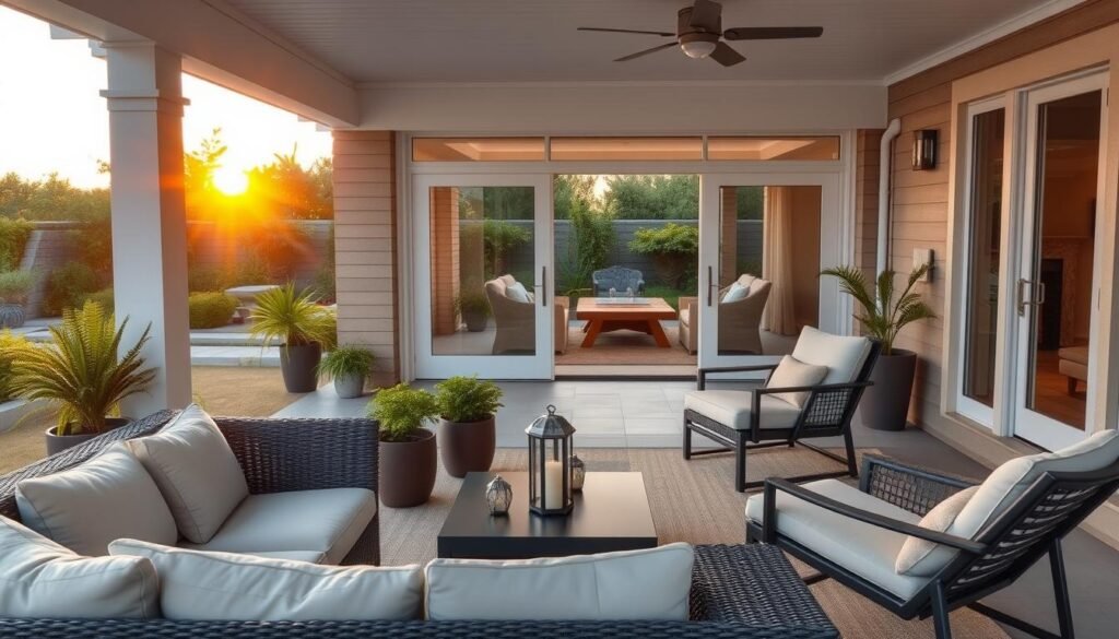 A cozy and stylish outdoor living space, a well-appointed veranda featuring an artful arrangement of modern patio furniture. In the foreground, a comfortable wicker sofa with plush cushions invites relaxation, while a pair of reclining chairs in a complementary design flank a sleek, low coffee table. Mid-ground, potted plants and decorative lanterns add lush greenery and warm ambiance. The background showcases a panoramic view through large glass doors, revealing a tranquil garden oasis bathed in the soft, golden glow of a setting sun. Crisp, directional lighting accentuates the refined, sophisticated aesthetic of this welcoming veranda retreat.