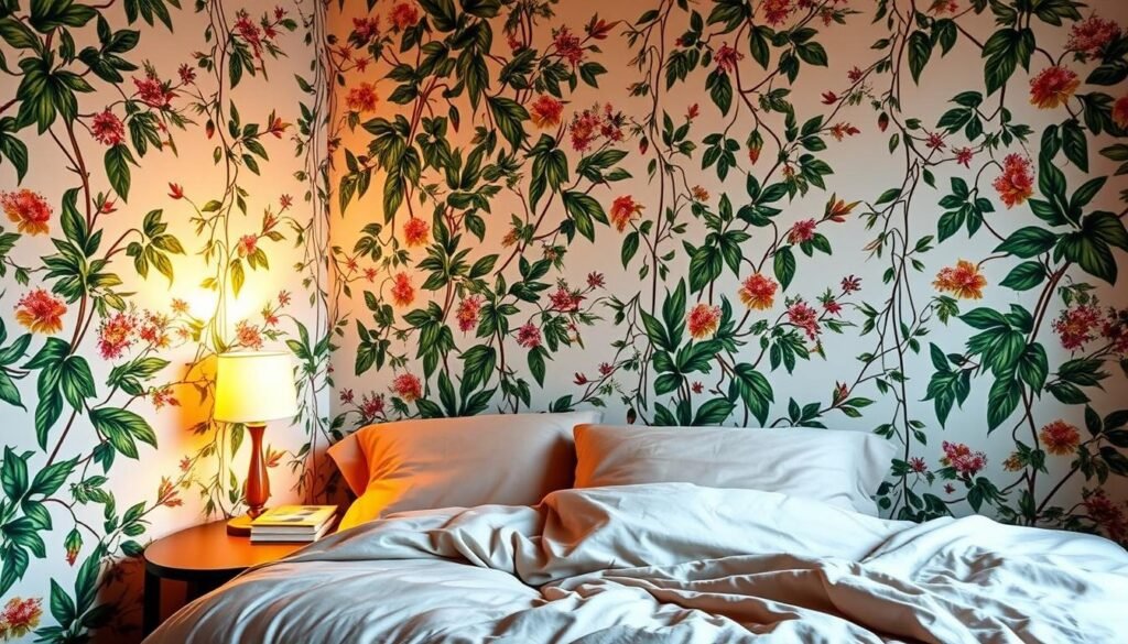 A cozy bedroom interior with a beautiful, intricate wallpaper design. The wallpaper features a lush, tropical pattern with vibrant green leaves, colorful flowers, and delicate vines cascading across the walls. Soft, warm lighting from a bedside lamp illuminates the space, creating a relaxing and inviting atmosphere. The bed is dressed in plush, natural-toned bedding, inviting the viewer to sink in and unwind. The overall scene conveys a sense of tranquility and rest, perfectly complementing the article's focus on transforming the bedroom into a haven of relaxation.
