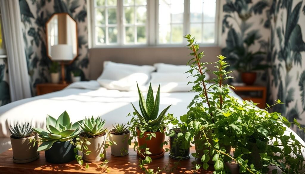 A cozy bedroom with lush, relaxing plants in the foreground. A variety of potted succulents, ferns, and trailing vines are arranged on a wooden bedside table, casting soft shadows. The middle ground features a plush king-sized bed adorned with crisp white linens and a fluffy duvet. Gentle daylight filters in through large windows, bathing the scene in a warm, soothing glow. The background showcases a serene nature-inspired wallpaper, complementing the tranquil atmosphere. The overall composition evokes a sense of calm and rejuvenation, perfect for a peaceful bedroom sanctuary.