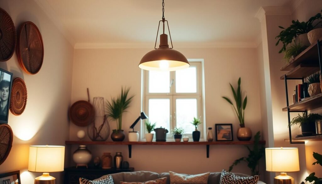 A cozy living room bathed in warm, ambient lighting. Soft, diffused illumination from a statement pendant light and table lamps, casting a mellow glow across the space. Eclectic decor elements arranged harmoniously - a mix of natural textures like woven baskets, ceramic vases, and potted plants, complemented by metallic accents and rustic wooden shelves. The overall atmosphere is inviting and personalized, reflecting the homeowner's unique style and personality. A sense of coziness and relaxation pervades the scene, encouraging visitors to make themselves at home.