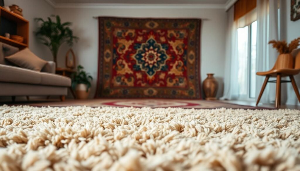 A cozy living room with a well-curated selection of textured rugs. In the foreground, a plush, shaggy beige rug grounds the space, its soft fibers inviting touch. Stepping into the middle ground, a geometric patterned rug in earthy tones adds visual interest and complements the neutral color palette. Framing the scene, a richly colored, vintage-inspired rug in the background anchors the composition, its intricate design echoing the room's eclectic style. Warm, soft lighting casts a gentle glow, creating a serene and harmonious atmosphere that celebrates the beauty of diverse textures and materials.