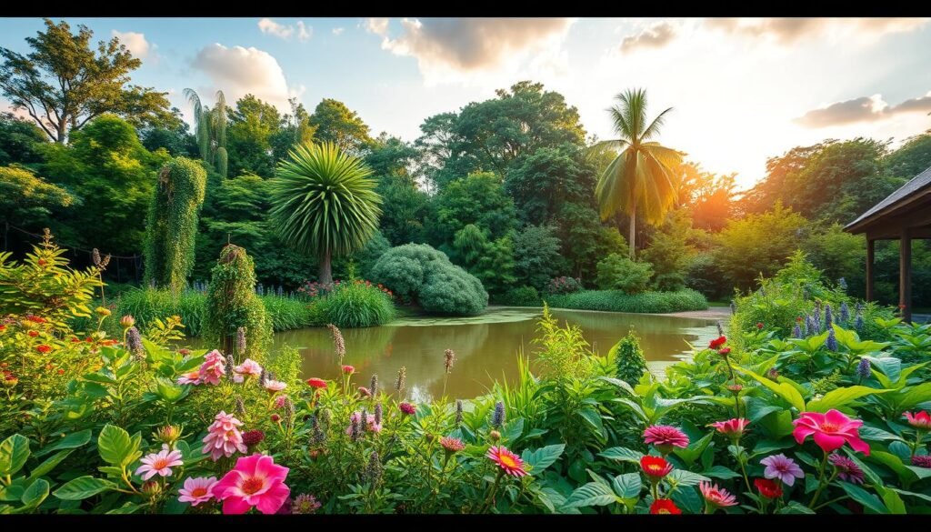 A lush, verdant landscape showcasing the benefits of plants for the environment. In the foreground, a thriving garden with a variety of flora, each adding its unique contribution to the ecosystem. Vibrant flowers, towering trees, and cascading vines create a sense of natural harmony. The middle ground features a tranquil pond, its surface reflecting the surrounding foliage. In the background, a cloudless sky with warm, golden light filtering through, illuminating the scene. The overall composition evokes a sense of balance, sustainability, and the vital role plants play in maintaining a healthy, flourishing environment. Captured with a wide-angle lens, showcasing the interconnectedness of all elements.