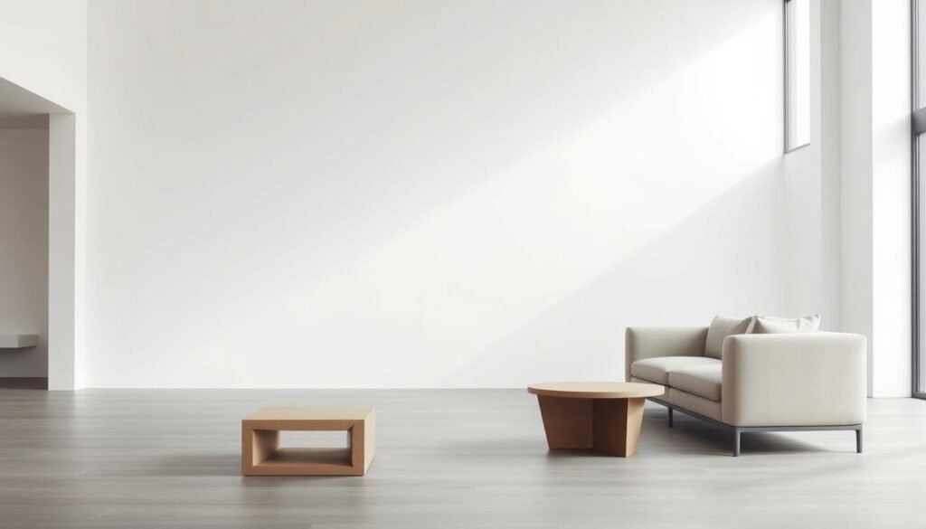 A minimalist spatial composition featuring a serene, well-lit interior with clean lines, muted tones, and a harmonious balance of form and negative space. The foreground showcases a simple, geometric coffee table or side table made of natural materials such as wood or stone, complemented by a plush, low-profile sofa or chair in a neutral color palette. The middle ground depicts a large, unadorned window that floods the room with soft, diffused natural light, creating a calming ambiance. The background seamlessly blends the architectural elements, like white walls and polished concrete or hardwood flooring, to emphasize the sense of tranquility and visual clarity.