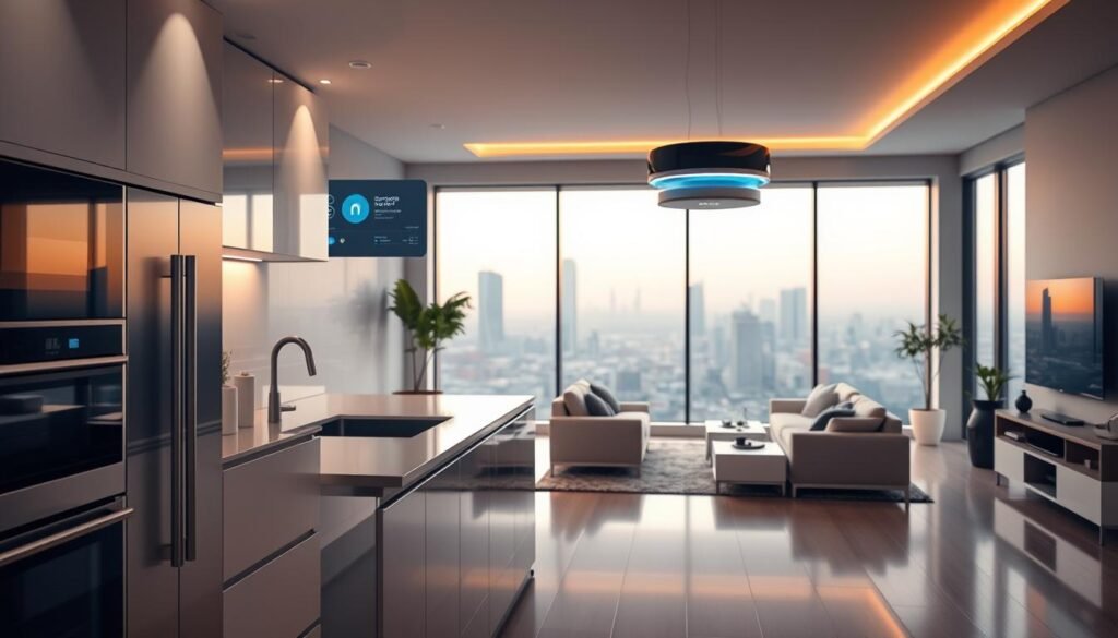 A sleek, modern interior with seamless integration of cutting-edge technology. In the foreground, a minimalist kitchen with state-of-the-art appliances and voice-controlled lighting. The middle ground showcases a living room filled with smart home devices, from a touchscreen panel controlling temperature and security to a floating virtual assistant. In the background, a panoramic window overlooks a cityscape, reflecting the futuristic, automated nature of the scene. Warm, diffused lighting casts a soft glow, creating an atmosphere of effortless sophistication and technological harmony.