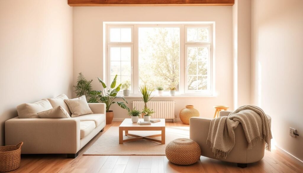 A sun-filled living room with soft, neutral tones and natural textures. In the foreground, plush beige sofa and armchair set against a light-colored wood floor. In the middle ground, a low, minimalist coffee table and a handful of potted plants. The background features a large window, letting in abundant natural light that casts a warm, inviting glow throughout the space. Walls are painted in a soft, calming off-white hue. Subtle decorative accents, such as a woven basket and a textured throw blanket, add visual interest without overwhelming the serene ambiance. The overall atmosphere is one of calm, comfort, and understated elegance - a cozy yet refined space perfect for a small living area.