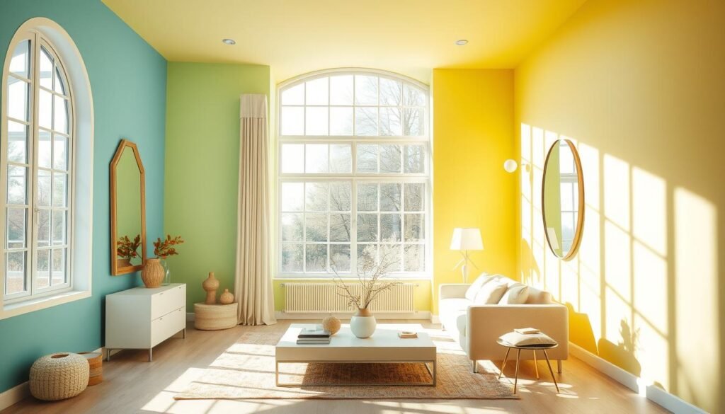 A vibrant, sun-lit room filled with vivid colors that visually expand the space. A large, airy window floods the scene with natural light, casting a warm glow across the walls. Soft, pastel hues of blue, green, and yellow create a harmonious palette, accentuating the room's depth and volume. Carefully placed mirrors reflect the colors, amplifying the illusion of a larger, more open environment. Minimalist furniture and decor in complementary tones allow the rich, saturated colors to take center stage, drawing the eye through the space. The overall atmosphere is one of calm, brightness, and a sense of boundless potential.