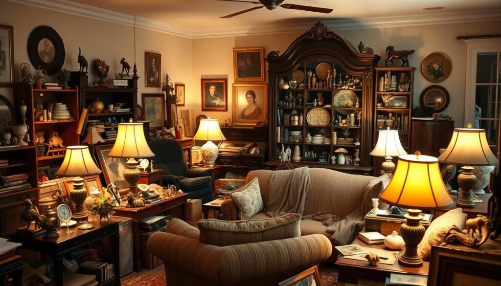 An overstuffed living room with too many mismatched furniture pieces, decor items, and trinkets crammed together. The space feels cluttered and chaotic, with a sense of visual overwhelm. Soft, warm lighting from table lamps illuminates the jumble of objects, casting shadows and highlights that emphasize the cluttered feel. The room is viewed from an angle, with the foreground crowded with knickknacks, side tables, and a stuffed armchair. The midground contains a large, ornate cabinet or shelving unit packed with decorative items. The background fades into blurriness, hinting at more clutter in the corners. The overall mood is one of visual discomfort and a lack of breathing room.