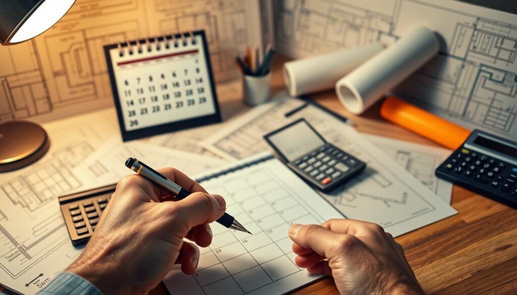 Prompt An office desk with a calendar, notepad, and a calculator, against a backdrop of architectural plans and blueprints. The desk is illuminated by a warm, focused light, creating a sense of organization and attention to detail. In the foreground, a hand holds a pen, poised to make notes on the schedule, conveying the importance of time management and cost control during a home renovation project. The overall atmosphere is one of diligence, precision, and a commitment to keeping the renovation on track and within budget.